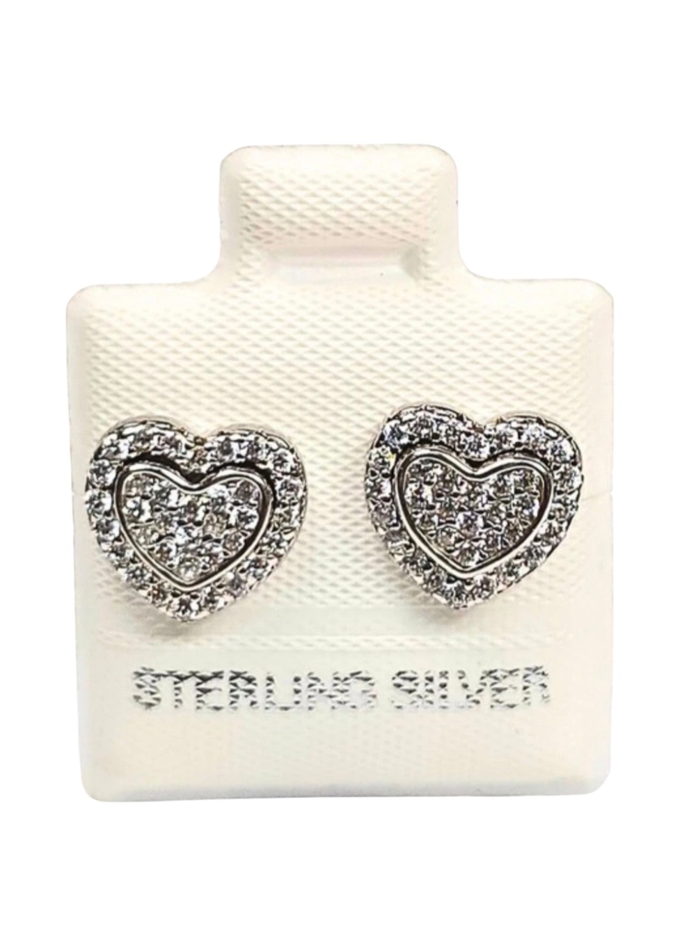 925 Sterling Silver Double Heart CZ Stud Earrings Rhodium Finish 9.5mm